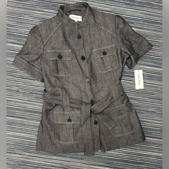 🆕Calvin Klein Women’s Size 10 Linen Blend Short Sleeved Belted Jacket Blazer - Picture 2 of 5